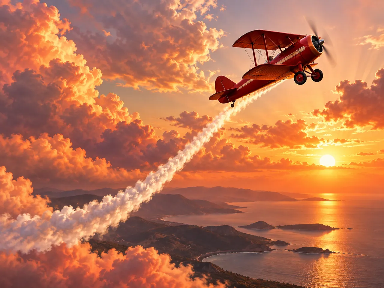 Vintage red biplane climbing above sunset clouds