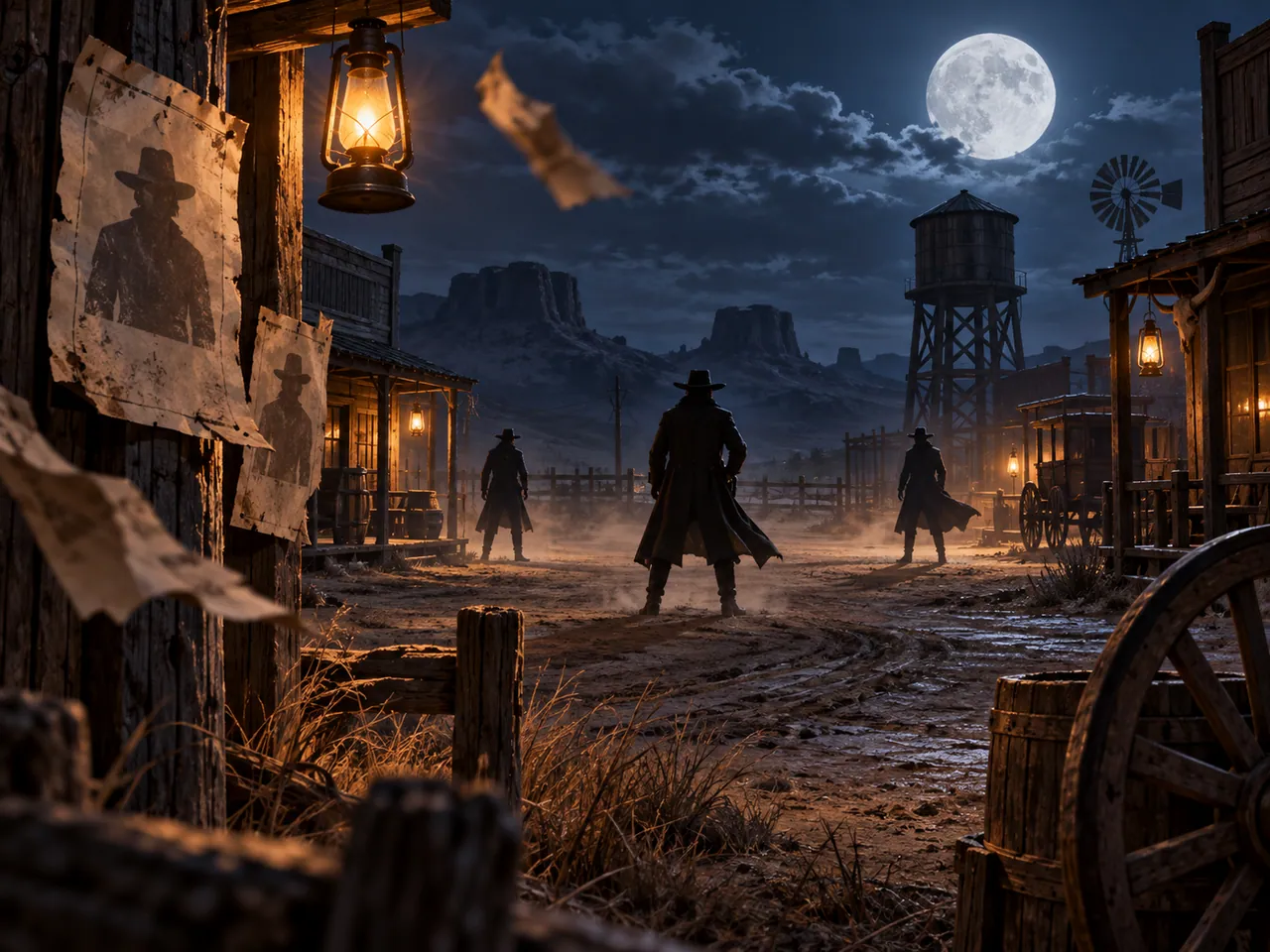 Three distant outlaws at a moonlit frontier crossroads
